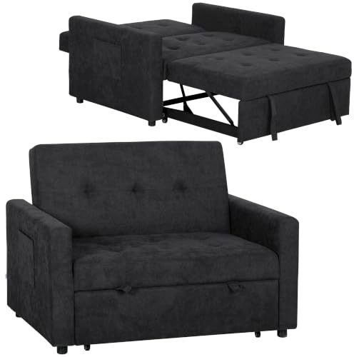 HOMCOM 2 Seater Sofa Bed, 120 cm Convertible Bed Settee, Black | Modern Fabric Loveseat Sofa Couch, 2 Pillows, Side Pockets, Living Room, Guest Room