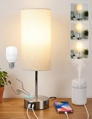 Nachttischlampe Touch Dimmbar, Tischlampe mit USB A+C Ladefunktion, Silber | MILLUXXi LED 3-Fach Dimmbar Leinen-Lampenschirm Kleine Lampe mit Kabel für Nachttisch Wohnzimmer Schlafzimmer Kinderzimmer