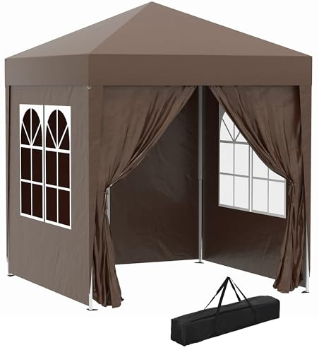 Faltpavillon Bierzelt 2x2 m braun mit Metallrahmen, abnehmbaren Seitenwänden & Fenstern – wasserabweisend, UV-schützend, schnell aufbaubar für Garten, Hochzeit, Camping, Picknick & Veranstaltungen