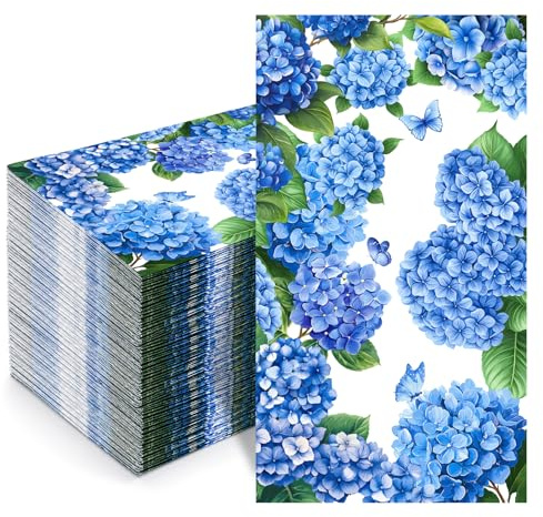 100 Pcs Hydrangea Napkins Paper, Blue Floral Napkin Disposable, Summer Party Cocktail Guest Napkins Decorative Watercolor Dinner Hand Towels for Bathroom Wedding Birthday Bridal Shower Luncheon