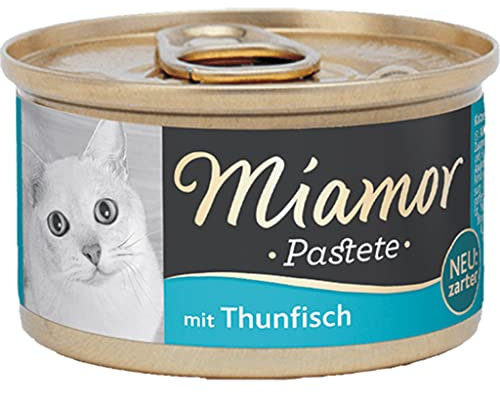 MIAMOR - Pastete | Nassfutter für ausgewachsene Katzen mit natürlichem Taurin. Getreidefreies Alleinfutter in der Dose ohne Soja und künstliche Zusätze | 12x85g Thunfisch