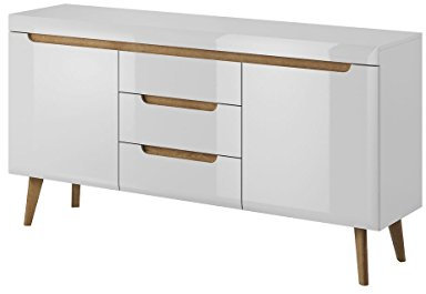 Furniture24 Kommode Sideboard NORDI in Skandinavische Stil (Weiß/Weiß Hochglanz)