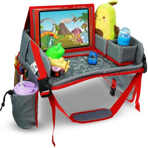 DMoose Kids Travel Tray - Premium 600D Oxford Fabric - Toddler Car Seat Tray with Stationary & Cup Holder - Portable Road Trip Essentials for Kids with Waterproof Tablet Holder & Sturdy Side Walls