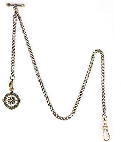 ManChDa Albert Chain Taschenuhr, T-Bar-Kette mit Kompassanhänger, Curb Link Chain 2 Haken Antike Fob T-Bar für Herren (Bronze)