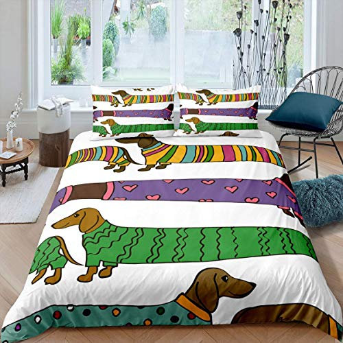 Loussiesd 3D Dackel Druck Bettwäsche Set Teckel Bettbezug Set Kinder Jungen Mädchen135x200 cm Microfaser Betten Set mit Reißverschluss und 1 Kissenbezug 80x80 cm