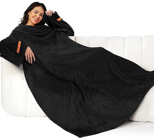 Winthome Coperta con Maniche - Coperta Pile Morbida e Calda, Plaid con Maniche con Velcro, Coperta Indossabile per Regalo Natalizio Donna Uomo, Risparmia Costi di Riscaldamento (Nero, 140x170cm)