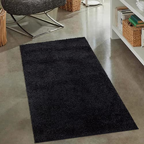 carpet city Shaggy Hochflor Teppich - 80x150 cm - Schwarz - Langflor Wohnzimmerteppich - Einfarbig Uni Modern - Flauschig-Weiche Teppiche Schlafzimmer Deko
