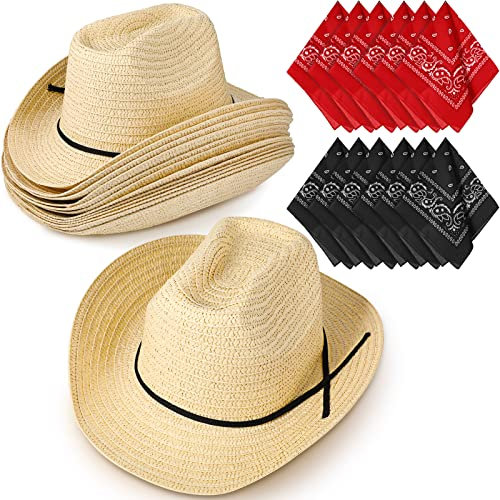 SATINIOR 12 Set Stroh Cowboyhüte und Bandanas Pack Cowboy Party Hut Kostüm Kopf Bandanas Western Zubehör