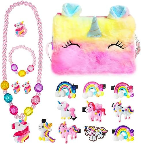 BIQIQI Einhorn Plüsch Handtasche Geschenke für Mädchen Kinderschmuck Schmuckset mit Einhorn Haarspangen Regenbogen Haarspangen Geldbörse Halskette Armband Ring Ohrring für kleine Mädchen Rollenspiel