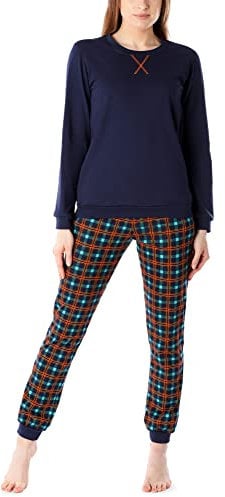 Merry Style Damen Lang Zweiteiliger Schlafanzug aus Baumwolle Pyjama Set Winter MS10-168 (Marineblau (Orange-Kariert), S)