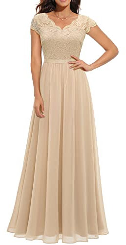 Daisyaner Damen Elegant Maxi Abendkleid V-Ausschnitt Spitze Ballkleid Chiffon Cocktailkleid Standesamt Hochzeitskleid Bodenlang Abschlusskleid Champagner XL