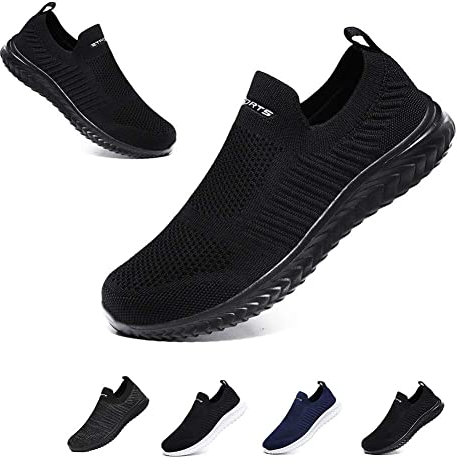 Mens Womens Slip On Trainers Casual Nordic Walking Shoes Breathable Running Shoes Nurse Work Shoes Lightweight Tennis Shoes Soft Mesh Gym Workout Sneakers Black EU45 Convert UK10.5