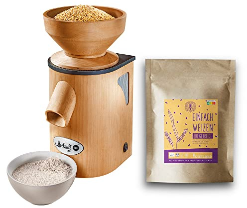 Getreidemühle Mockmill Lino 200 | Made in Germany | Edelkorund und Keramik Mahlstein | frisches Mehl | (Lino 200 + 2,5 kg Bio Weizen)