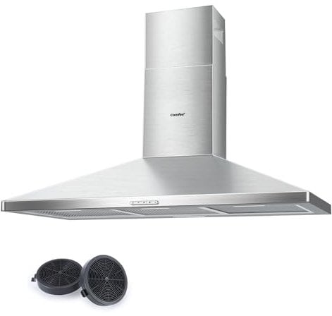 COMFEE' 90 cm Chimney Cooker Hood Class A+ Extractor Hood with LED and Recirculating & Ducting System Wall Mounted Range Hood 900 mm Extractor Fan kitchen with Carbon Filters