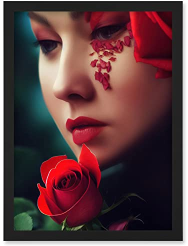 Doppelganger33 LTD Portrait Of Melancholic Woman With Red Roses Painting Artwork Framed Wall Art Print A4