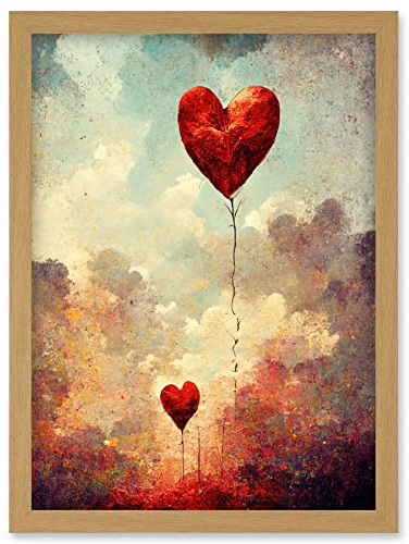 Doppelganger33 LTD Modern Abstract Floating Red Love Heart Balloons Artwork Framed Wall Art Print A4