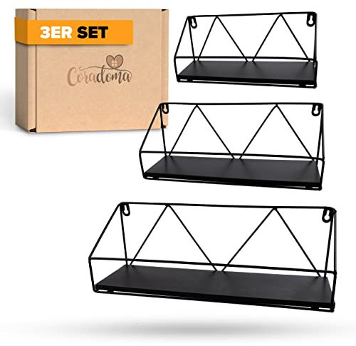 Coradoma Wandregal 3er Set Gewürzregal Hängeregal Schwarz Metall mit Ablageflächen aus Holz Schweberegal für Wohnzimmer Schlafzimmer Büro Küche