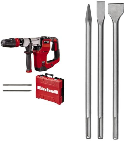 Einhell Marteau Démolisseur TE-DH 12 (1050 W, Fréquence de Frappe : 4100 trs/min, Câble : 400 cm, Mandrin SDS Max, Livré en Coffret avec Burin Pointu et Burin Plat) + Jeu de 3 burins