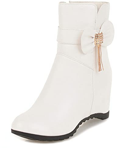 MJIASIAWA Donna Inverno Punta Rotonda Zeppa Ufficio Warm Ankle Stivaletti Con Bows Eleganti Tacco Alto Zip Fibbia Stivali Da Neve Bianco/Rl Numero 33 Eu