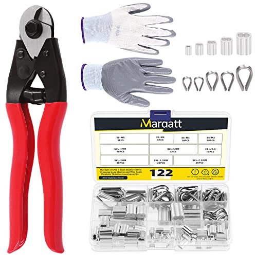 Mardatt 117Pcs Cable Wire Rope Crimping Tool Includes 8 Cable Cutter, 5 Sizes Aluminum Crimping Loop Sleeve & Wire Cable Thimbles and Anti-Cutting Gloves for Bike Brakes Cable Railing