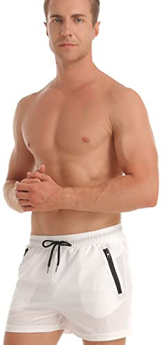 TMEOG Maillot de Bain Homme Short de Bain Caleçon de Bain Piscine Short de Plage Shorty de Bain Boxer Mayo de Bain pour Homme avec Poche Zippée(M,Blanc)