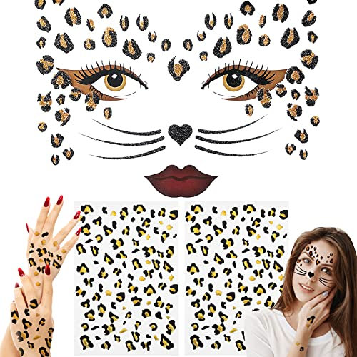 Sugeru 3pcs Leopard Face Art & Tattoo Sticker - Leoparden kostüm damen zubehör, Temporäres Glitter Gesichtstattoo,katzenkostüm damen,Leoparden gesichtstattoo karneval für Party, Halloween,Karneval