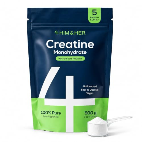 Creatina Monohidratada en Polvo 500g, Micronizada, Sin Sabor, 4 HIM & HER | 100% Pura Monohidratada Micronizada 200 Mesh, Sin Sabor, Sin Aditivos, Vegana, 147 Porciones, 5 Meses, Para Hombres y Mujeres