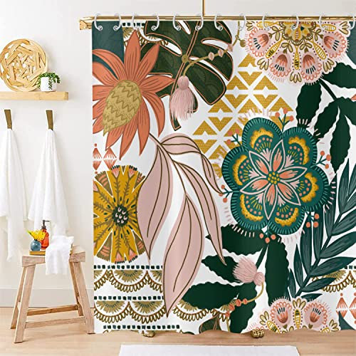 Hnmdmyi Duschvorhang Boho Blumen 180x180, Abstrakte Böhmische Blumen Tropische Blätter Bunte Badevorhang Mid Century Modern Ästhetische Kunst Wasserdicht Polyester Stoff Waschbar Badewanne Vorhang