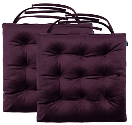 Loft 25 Indoor Samt Stuhlkissen | Küche,Esszimmer rutschfeste Getuftet Sitzkissen | Weicher Stuhlkissen mit Bändern | Langlebig bequemes Stuhlpolster | Sitzkissen Stuhlkissen 42x40x5cm (Aubergine, 2)