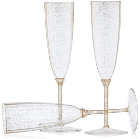 Decor Decorline - 96 x Flûtes à champagne à pied en plastique Dur de Qualité Supérieure, Verres à Champagne Réutilisables pour Mariages et Fêtes, 170 ml paillettes d'or - Réutilisables et Stables