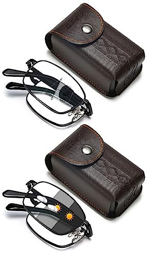 Lanomi Faltbare Gleitsicht Lesebrille Herren Damen Klappbar Selbsttönende Gleitsichtbrille Progressive Multifokus Lesehilfe Blaulichtfilter Photochromic Sonnenlesebrille mit Etui 2 Stück Schwarz 1.5