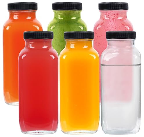 Winter Shore Botes Cristal para Zumo con Tapa de 475 ml [Pack de 6] - Botella de Vidrio Reutilizable con Tapas Negras - Botellas Zumo, Agua, Leche, Té Helado, Miel, Batidos, Horchata, Bebidas