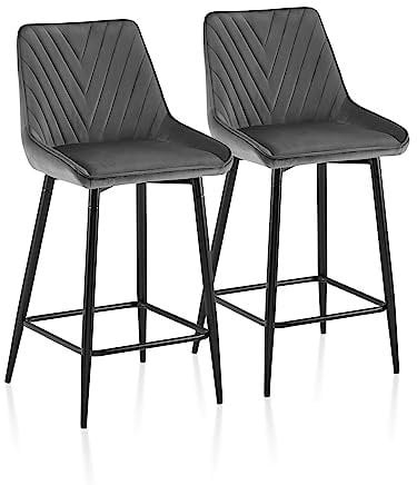 TUKAILAI Barhocker 2er Set 65cm, Barstühle Samt, Küchenhocker mit Rückenlehne Gepolstertem Sitz Metallbeinen Fußstütze, Tresenhocker Bistrohocker für Küche Bars Esszimmer Restaurants, Grau