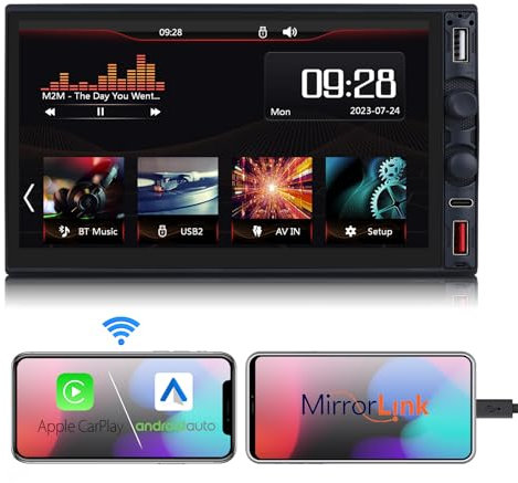 Hizpo 7 Inch Double Din Right Rudder Car Stereo Wireless Apple CarPlay/Android Auto, Mirrorlink/Mobile Charging, Bluetooth, USB Phones, Music Play, Car Navigation