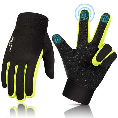 AOTOW Kids Winter Warm Sports Gloves - Cold Weather Thermal Cycling Glove for Football Running Riding, Touchscreen Full Finger Anti-Slip Children Mittens Age 6 8 Years Boys Girls Black-Green