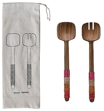 12 Inches Teakwood Kitchen Salad Servers with Rattan Wrapped Handles and Drawstring Bag, Multicolored, Set of 2