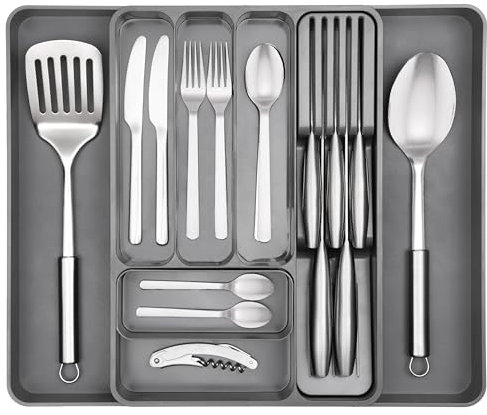 Nuovva Expandable Drawer Tray - Adjustable, Compact Utensil Divider Holder for Knives, Forks and Spoons - Dark Grey Drawer Organiser