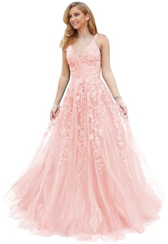 PEIYJYUSP Robe de bal longue en tulle pailleté avec appliques en dentelle et col en V pour femme, robe de soirée formelle, rose, 54 plus