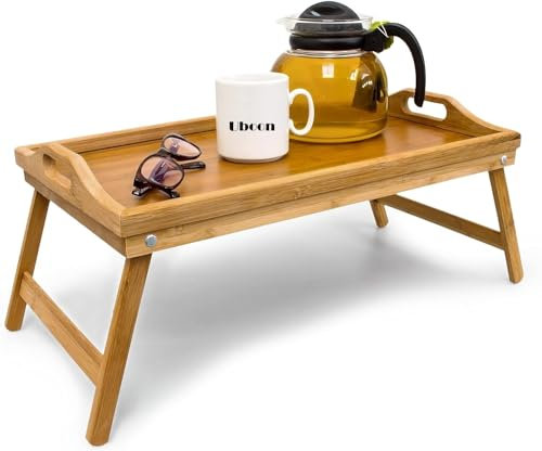UBOON Bandeja de Desayuno de Bambú con Patas Plegables y Borde Alto: Doble Función, Mesa Versátil de Bambú para Servir y más