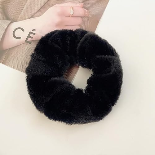 12 Stück Scrunchies Haargummis Flauschige Elastische Plüsch Haargummis Haarbänder Haarschmuck Kunstfell Pelzig Haarband Pferdeschwanz Haargummis Haarzubehör für Damen Frauen Mädchen -Schwarz