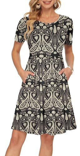 AUSELILY Freizeitkleid Damen Kleider Sommerkleid Kurzarm Plissee Loose Swing mit Knielangen Taschen Boho Floral Schwarz M
