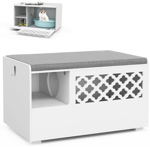 Maxmass Cat Litter Box Enclosure, Wooden Storage Bench with Removable Cushion, Inside Cat Hole & Front Flip Open Door, White Cat House Hidden Kitty Washroom Toilet for Living Room Bedroom, 90x49x52cm