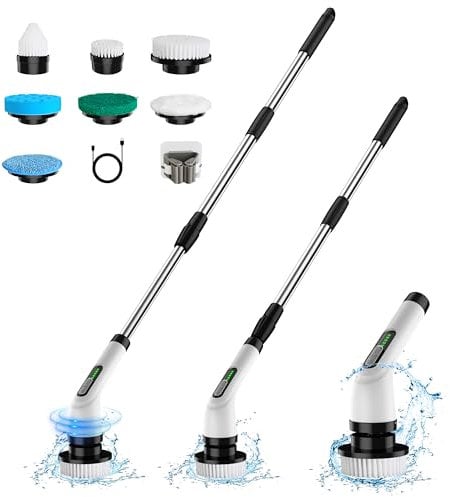 Brosse De Nettoyage électrique 7 en 1-420 TR/Min - Nettoyage Puissant - 1,5 h - Double Vitesse avec Bras d'extension pour Cuisine, Voiture, Carrelage, Mur, Sol, Douche