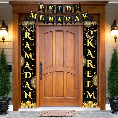 Shinybox Eid al-Adha Mubarak Tür Banner, Eid Mubarak Banner, Ramadan Wimpelkette, Schwarz Gold Ramadan Dekoration, Eid Mubarak Dekoration Hintergrund für Haustür Garten Indoor Outdoor