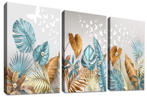 3Pcs Feuilles bleu caramel Cadre en bois Impression sur Toile tableau Feuilles de palmier de monstera tropical Image sur Toile Tableau Decoration Murale Salon Chambre Maison 120x60cm(16x24x3pcs)