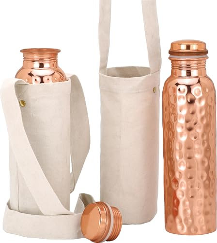 Kitchen Science Copper Water Bottle Pack of 2 | 2 Ayurvedic Copper Bottles for Drinking Water | Extra Large 32oz Copper Vessel | 2 Canvas Bottle Carrying Bags