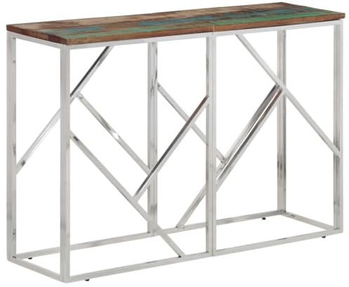 vidaXL Konsolentisch, Konsole Beistelltisch Pflegeleicht, Wandtisch für Wohnzimmer Flur, Flurtisch Tisch, Modern, Silbern Edelstahl Altholz Massiv