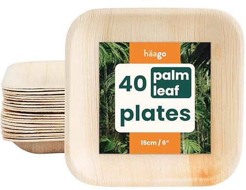 HAAGO Palmblatt Teller Biologisch abbaubare Einwegteller - Umweltfreundliches Picknick- und Outdoor-Geschirr (15cm / 6“ Quadrat, 40)