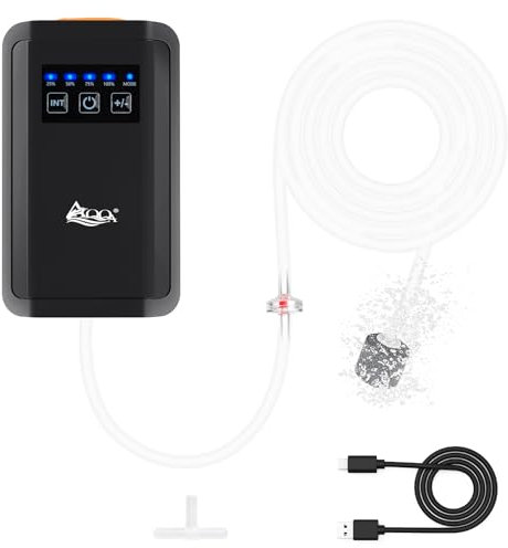 AQQA Rechargeable Air Pump, 1.5W Adjustable Fish Tank Oxygen Pump Aerator, Two Modes Aquarium Bubbler Portable With Accessories up to 300L