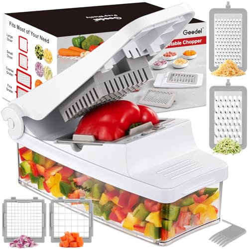 Geedel Vegetable Chopper, 4 in 1 Mandoline Vegetable Slicer, Food Onion Salad Chopper Vegetable Cutter Potato Cutter, Veg Chopper and Dicer Vegetable Slicer Julienne Slicer (White)